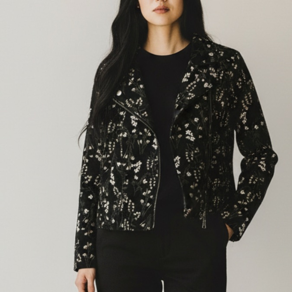 LOFT Black Floral Velvet Moto Jacket